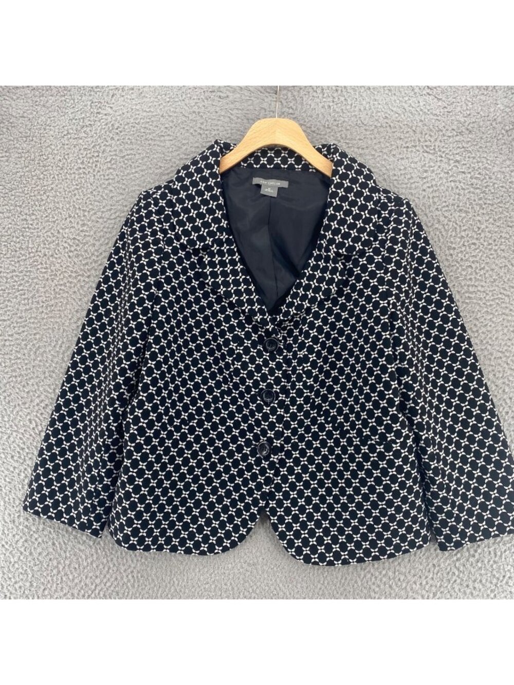 Ann Taylor Blazer 12 Black Floral Geometric 3/4 Sleeve Ruched Jacket Button Up